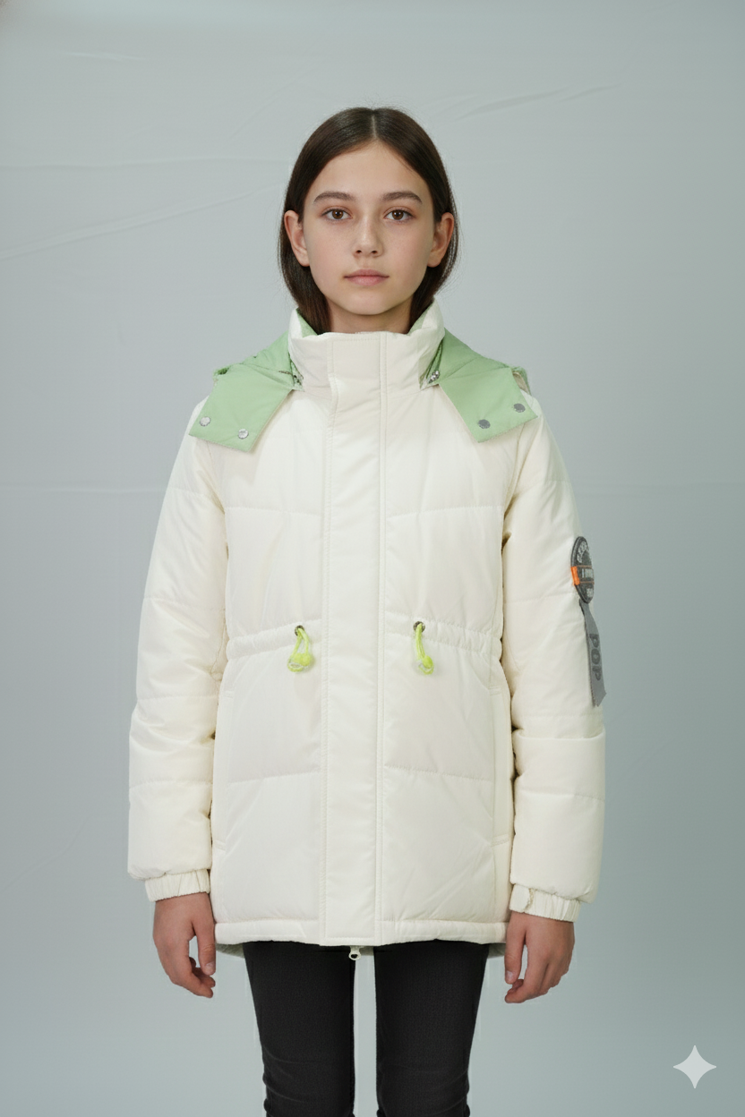 Hooded Quilted Winter Jacket – Ivory with Mint Accents