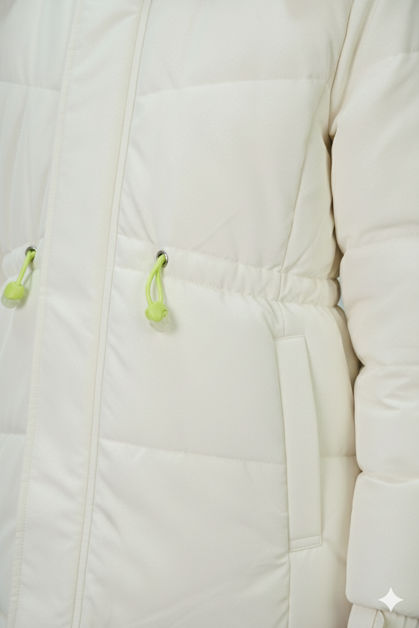Hooded Quilted Winter Jacket – Ivory with Mint Accents