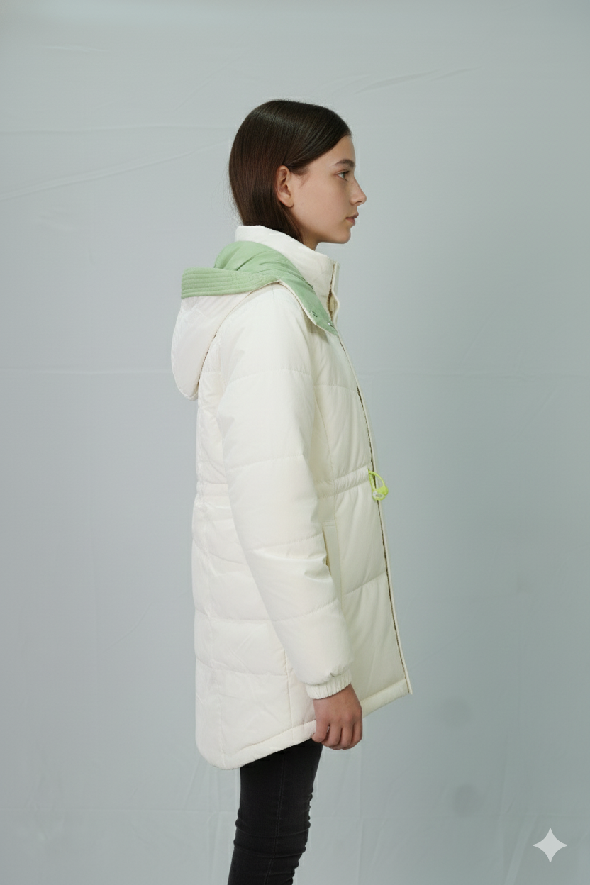 Hooded Quilted Winter Jacket – Ivory with Mint Accents