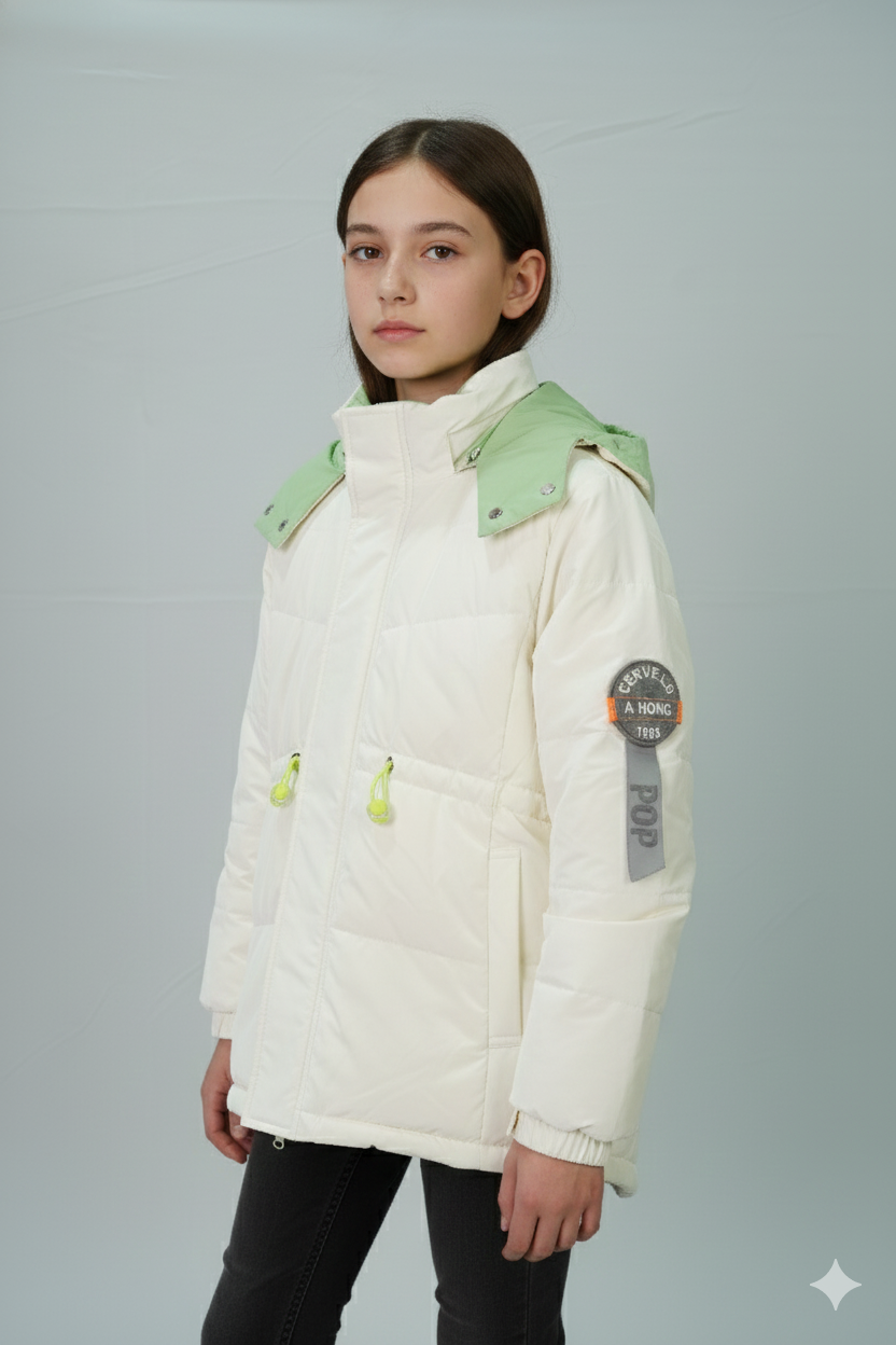 Hooded Quilted Winter Jacket – Ivory with Mint Accents