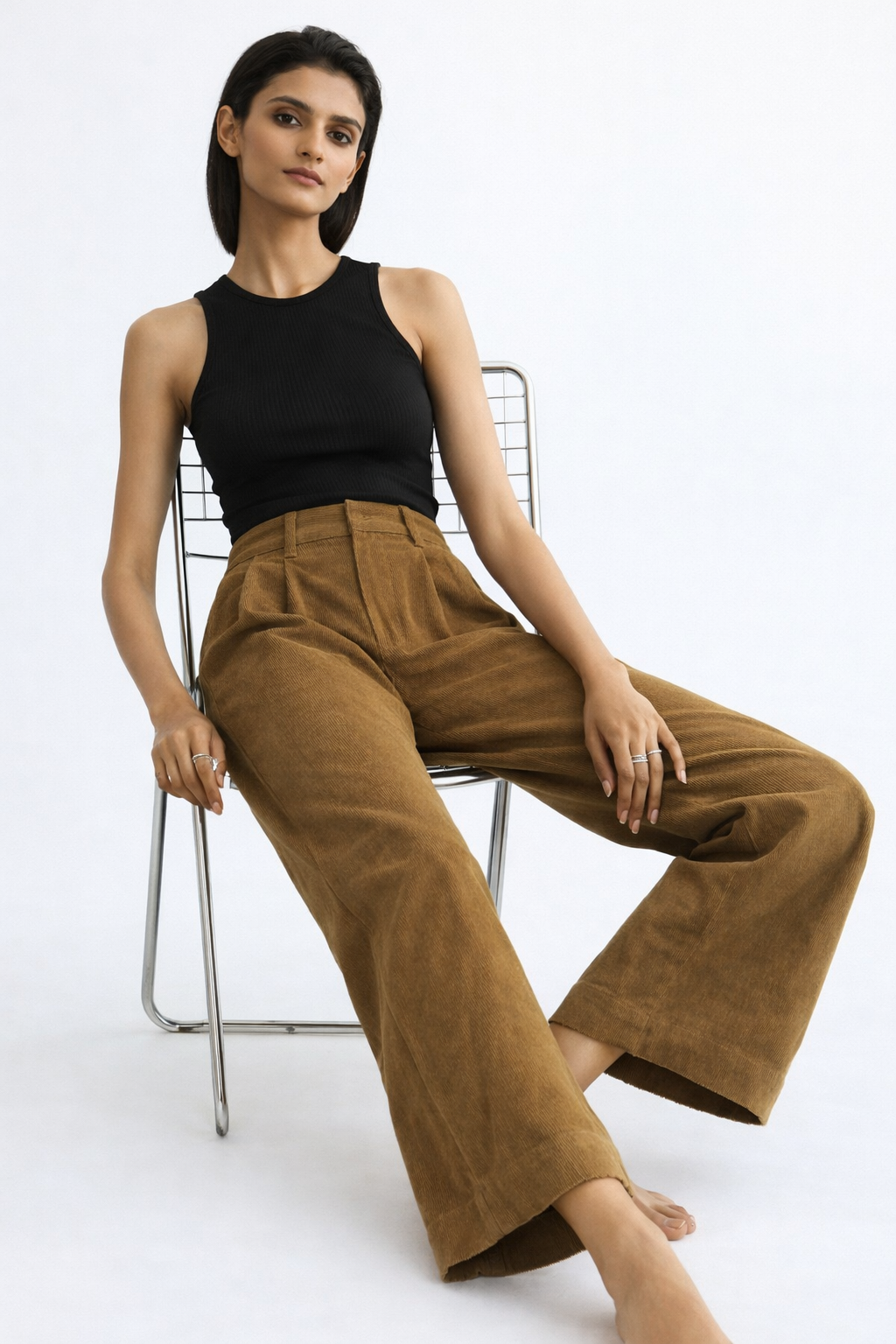 Women’s Corduroy Wide Leg Pants – Brown High Waist Trousers