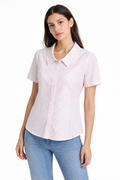 Women’s Striped Short-Sleeve Button-Down Shirt – White & Soft Pink