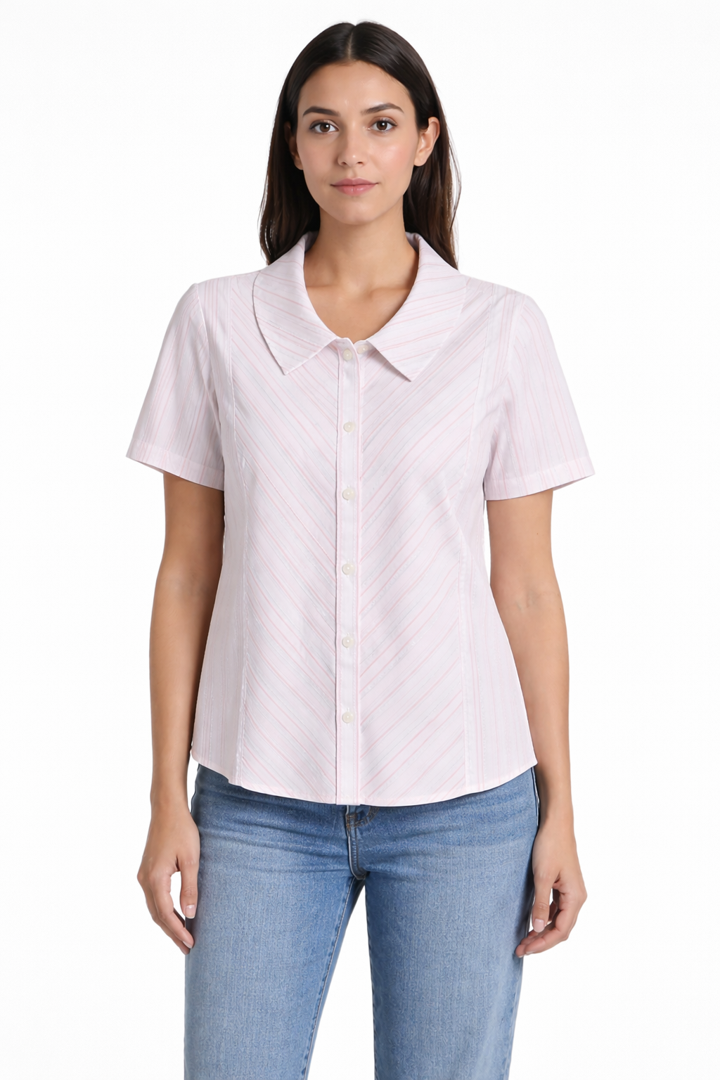 Women’s Striped Short-Sleeve Button-Down Shirt – White & Soft Pink
