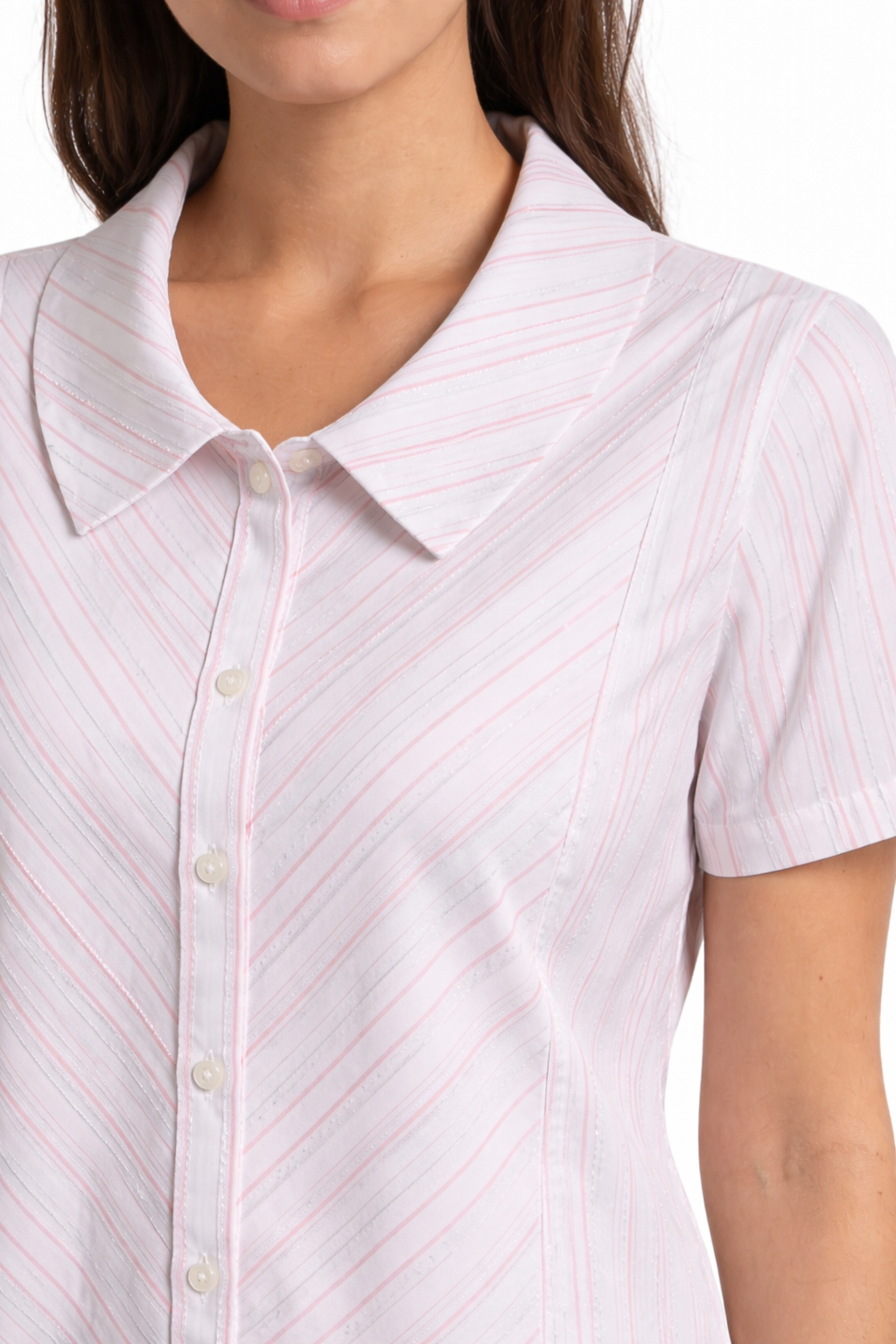 Women’s Striped Short-Sleeve Button-Down Shirt – White & Soft Pink