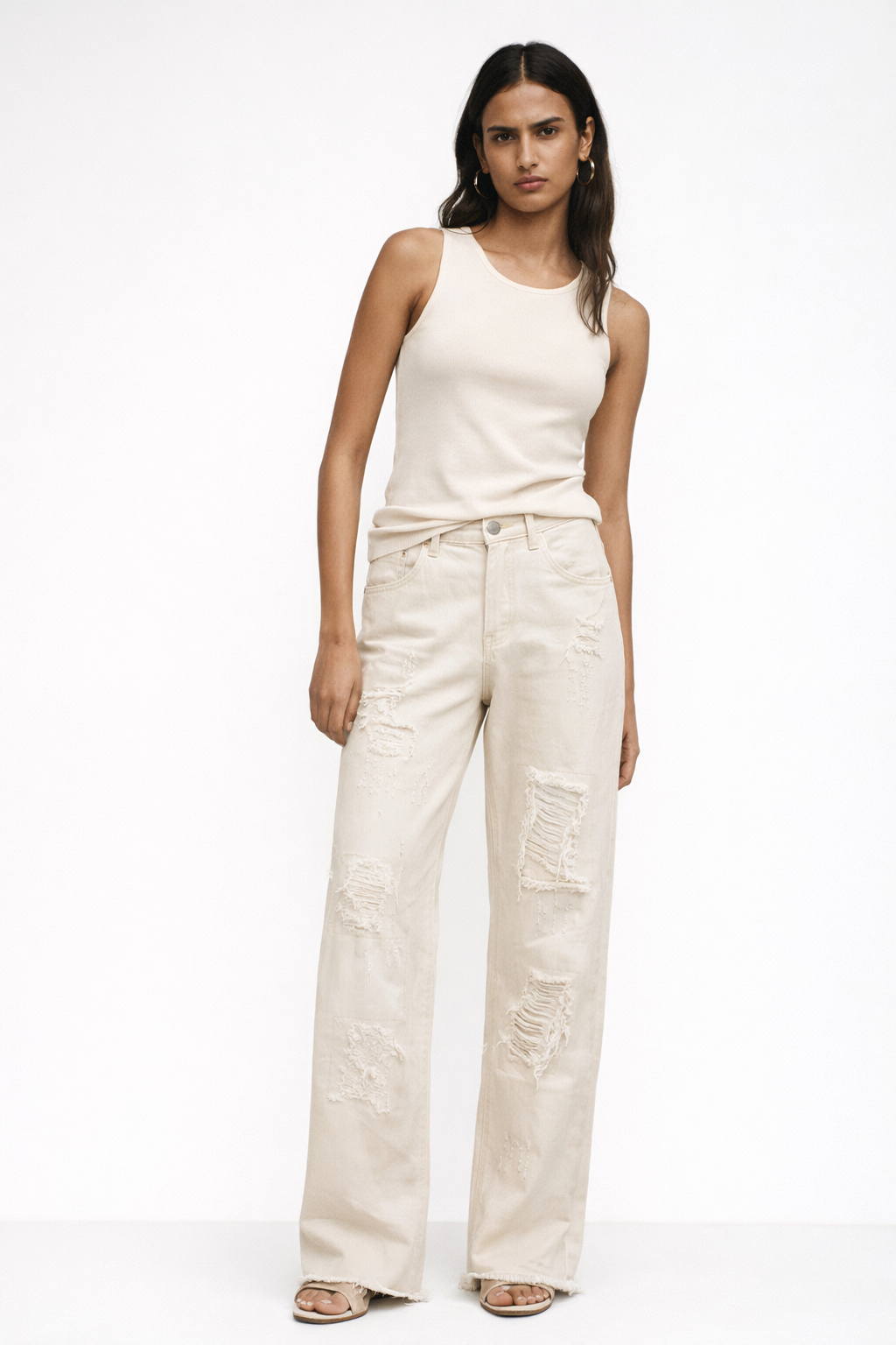 Women’s Distressed Straight Leg Jeans – Cream White Denim