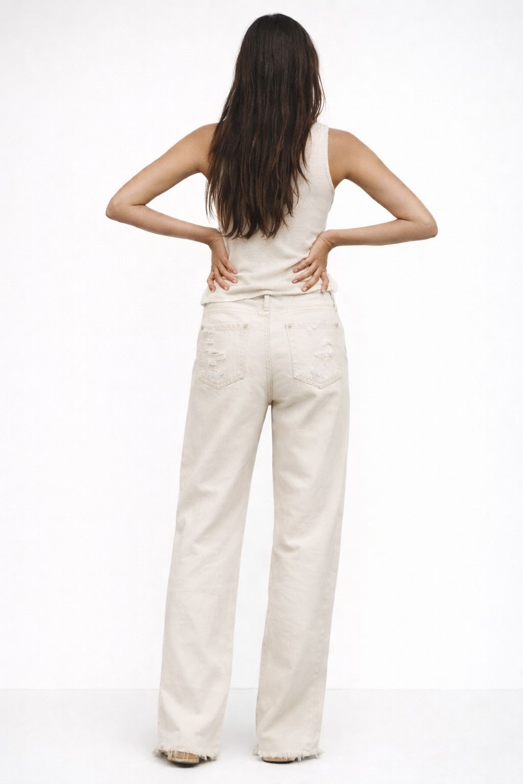 Women’s Distressed Straight Leg Jeans – Cream White Denim