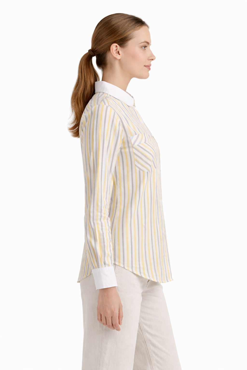 Women’s Yellow & Grey Striped Cotton Shirt with Contrast Collar
