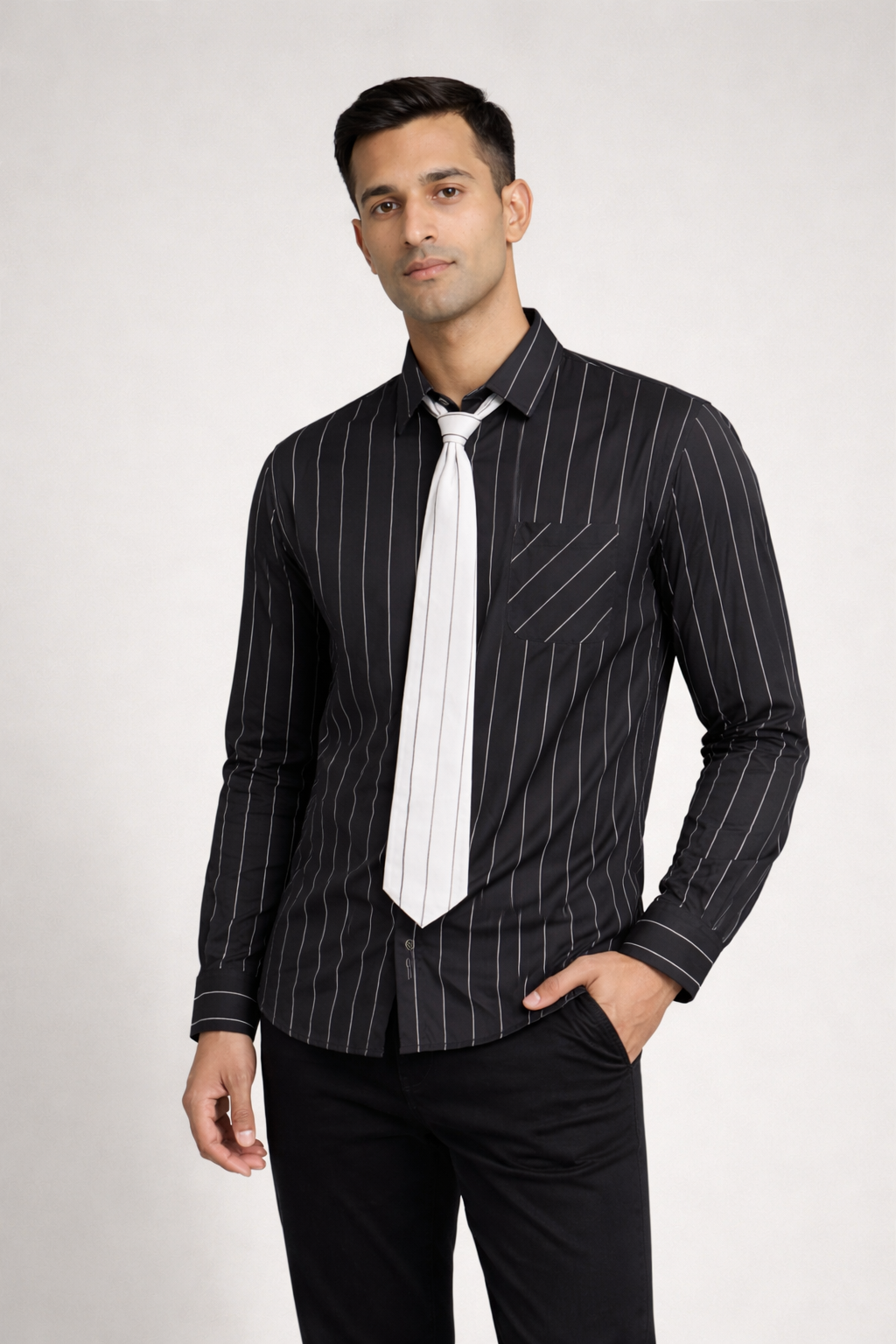 Men’s Black Pinstripe Shirt with Contrast Tie