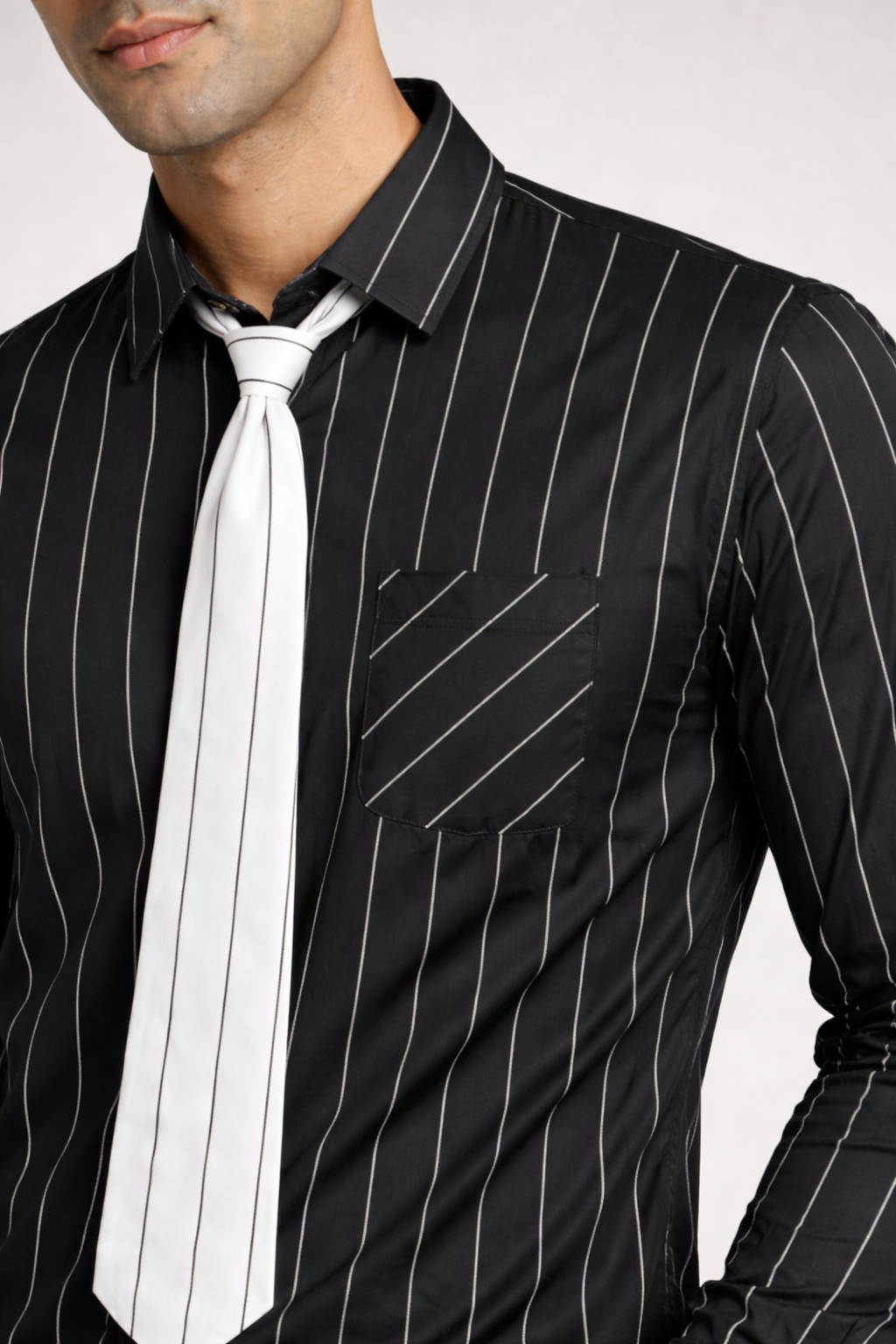 Men’s Black Pinstripe Shirt with Contrast Tie
