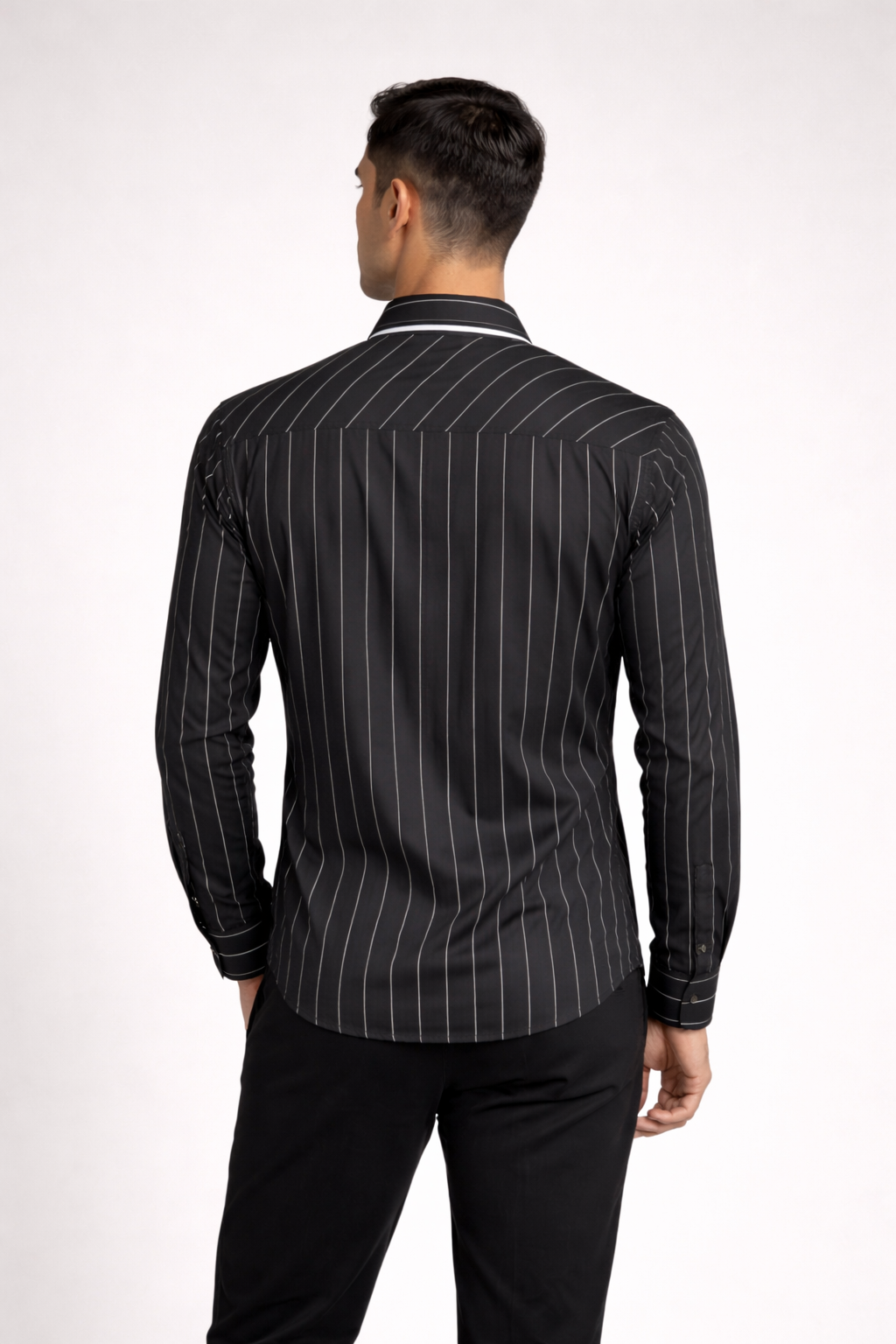 Men’s Black Pinstripe Shirt with Contrast Tie