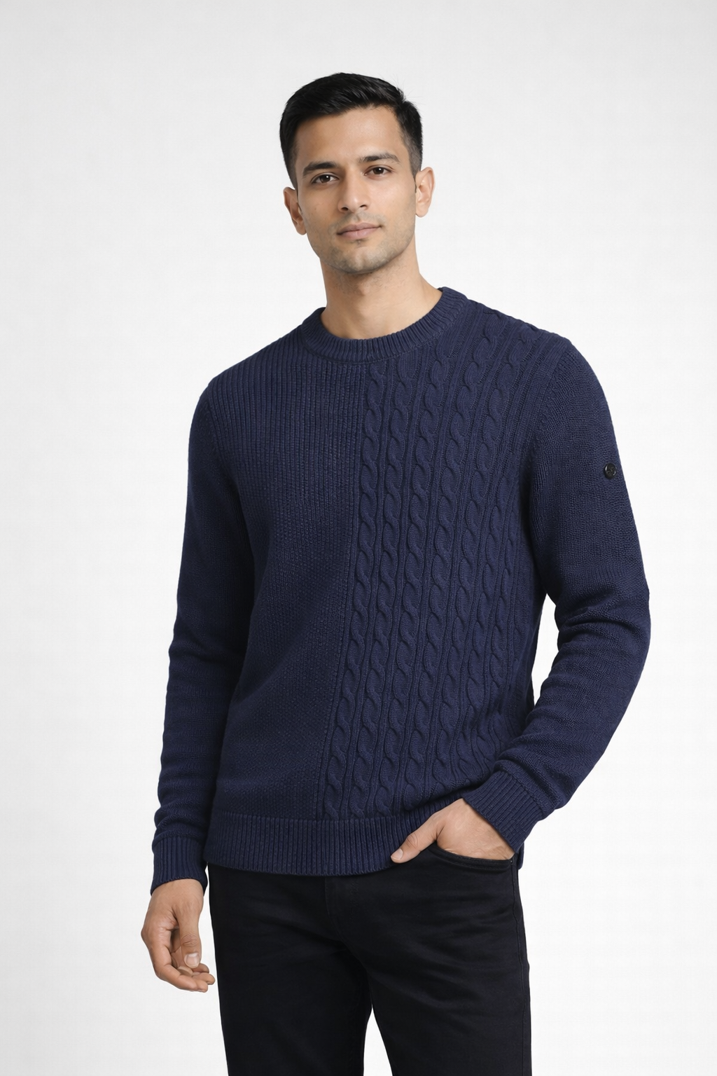 Men’s Navy Blue Cable Knit Crew Neck Sweater