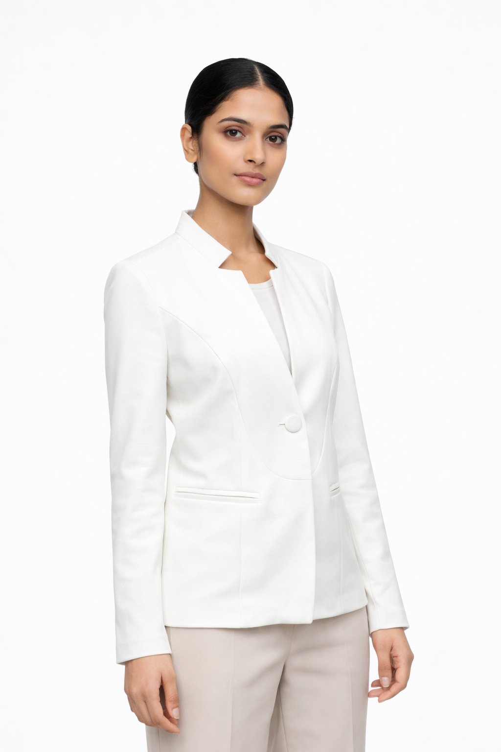 Women’s Tailored Half-Collar Blazer – White
